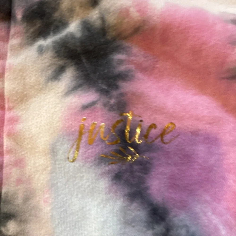 Justice Girls Tie-Dye Pullover Hoodie M Pink Purple Black Logo Glitter Fleece